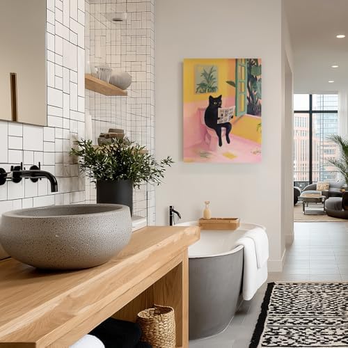 Cyebmo Funny Bathroom Wall Art, Cute Black Cat Sitting on Toilet Reading Newspaper Wall Decor, Whimsical Pink Abstract Animal Wrapped Canvas Artwork for Bathroom Kid's Restroom Bedroom 16x24 Inch