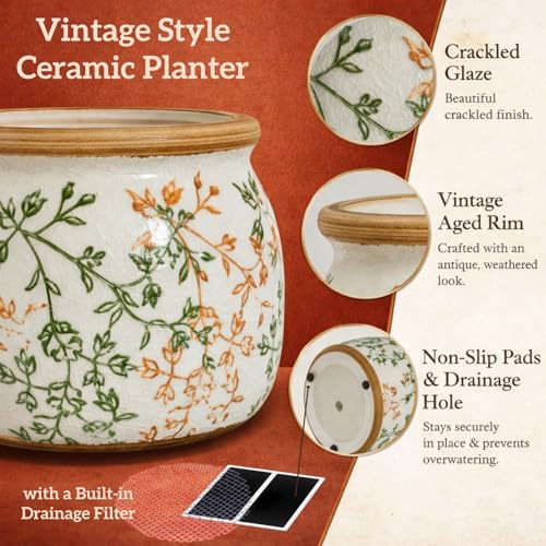 Vintage Ceramic Flower Pot, 9in, with Drainage & Filter