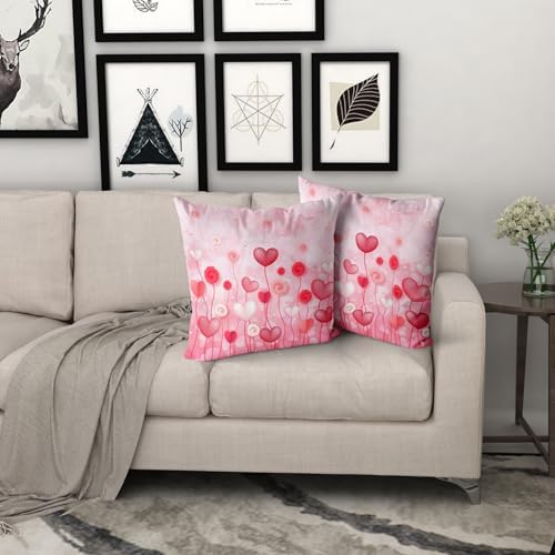 Giwawa Love Hearts Pillow Cover Set of 2 Red Pink Dots Heart Floral Cushion Covers Valentines Day Decorative Square Cotton Throw Pillowcases 16x16 Inches for Couch Sofa Bedding Wedding Holiday