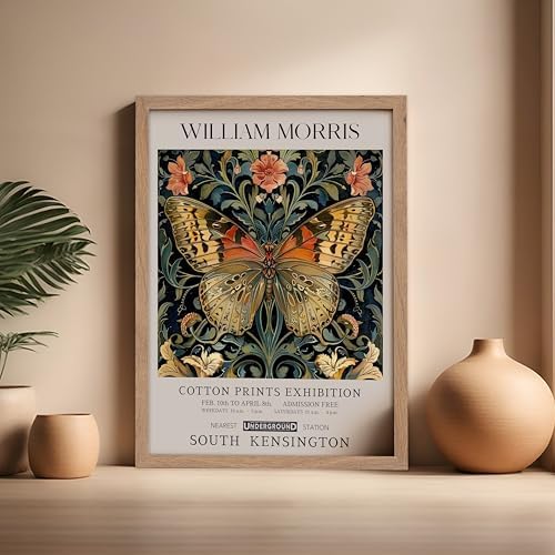 Monem Art William Morris Poster - Butterfly Print - Flower Art - Botanical Poster - Moth Illustration - Floral Creation - Aesthetic Living Room Decor - 16x20 Beige Framed