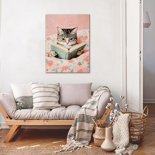 Framed Cats Canvas Wall Art, Funn Tabby Cat Reading Books Picture Wall Decor, Pink Vintage Animal Poster Prints for Girls Room Bedroom Kids Room Living Room Bathroom Decor 12x16 inch