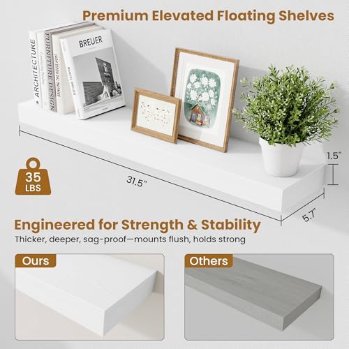 Fun Memories Bathroom Shelves 32 Inch Long Set of 2, Floating Shelves for Wall with Invisible Brackets, for Bedroom, Living Room, Kitchen, White