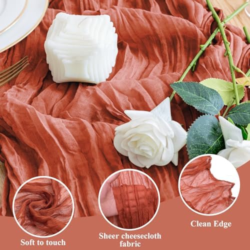 Wokceer Cheesecloth Fall Table Runner Terracotta 10FT Boho Gauze, 2 Pack