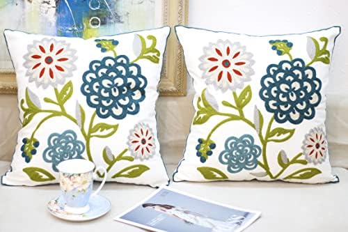Flower Embroidered Pillow Covers 18x18 Summer Decorative Pillowcases Colorful Farmhouse Plant Cushion Covers for Couch Sofa Bed Living Room Picnic 2 Pcs