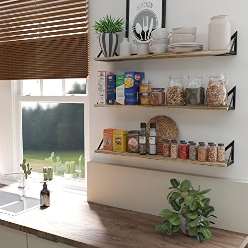 Wallniture Minori Wall Bookshelves for Living Room Decor, 36" Floating Shelves for Bathroom, Kitchen, Bedroom, Floating Bookshelf Wall Storage, Set of 3 Natural Burned