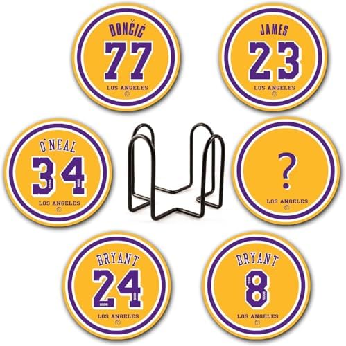 Laker Coasters for Drinks, LA Los Angeles Ceramic Coasters Set of 6, Laker Gift for Man, with Holder