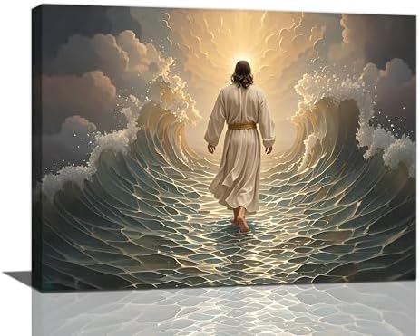 Jesus Walking on Water Wall Art Jesus Christian Spiritual Wall Decor Pictures Bible Story Canvas Prints Painting God Faith Artwork Decoration for Bathroom Bedroom Living Room Framed Gifts 12"x16"