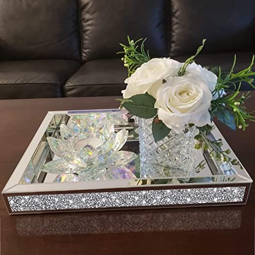 Wocred Mirror Jewelry Organizer Upgrades fits Dresser Bedroom,Crushed Diamond of Each Side Bathroom Tray with Handles,Decorative Serving Tray for Coffee Table Decor(11'x15'x2')