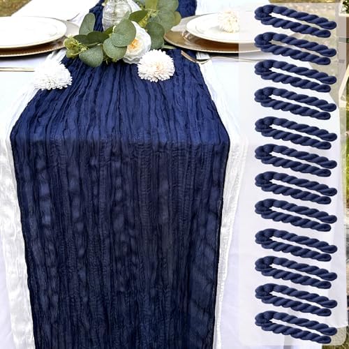 12 Pack Navy Blue Cheesecloth Table Runner 22x120 Inch-Naturally Dyed Colors Sheer Gauze Cheese Cloth Wedding Table Runner,Rustic Boho Crinkle Fabric, Reception, Bridal Shower,Farmhouse Dining Decor