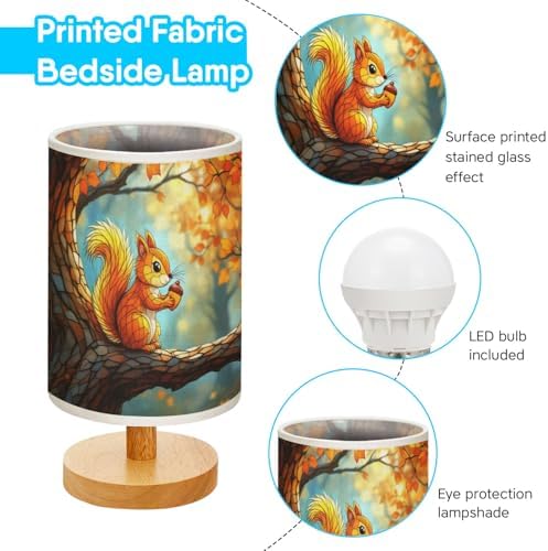 Squirrel Table Lamp LED 3-Color Pressed Bedside, Squirrel Shade Lamp with Wood Base for Bedroom Living Room Desk Office TL01
