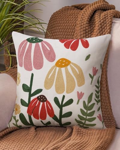 JASEN Embroidered Floral Boho Throw Pillow Cover 18x18 Inch - Decorative Cotton Pillow Case for Couch, Sofa, Bedroom, Living Room - Farmhouse Home Aesthetic Housewarming Gifts (Floral, 18" x 18")