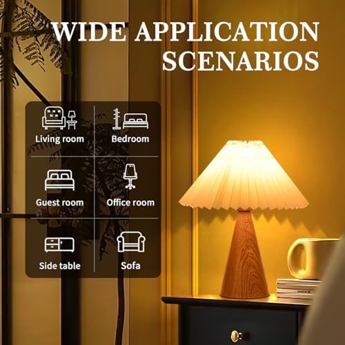 Ziqqeelam Wood Grain Small Table Lamp, Cute Table Lamp, Pleated Table Lamp, Wooden Bedroom Lamps for Nightstand, Small Scalloped Lamp Shade Table Lamps for Small Spaces for Bedroom,Living Room