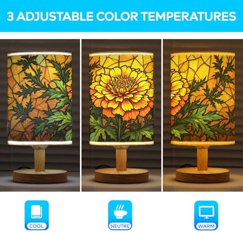 Marigold Table Lamp LED 3-Color Pressed Bedside, Marigold Shade Lamp with Wood Base for Bedroom Living Room Desk Office TL01