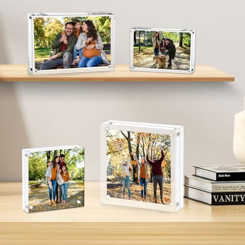 AMEITECH Acrylic Picture Frame 8x8-5 Pack, Clear Double Sided Frameless Photo Frame with Magnetic, Free Standing Desktop Acrylic Frame Display, Lucite Frame with Gift Box Package, 12+12mm Thickness