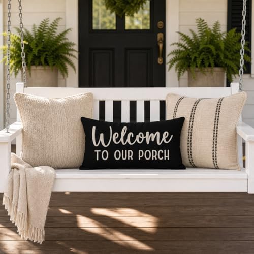 PANDICORN Outdoor Throw Pillow Cover 12x20 Inch Welcome to Our Porch, Black