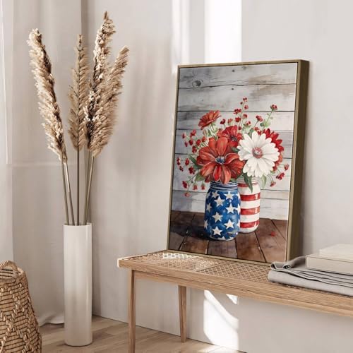 American Flag Framed Canvas Wall Art, 4th of July Patriotic Canvas Prints | Flowers and Stripes Poster Print, Independence Day Wall Decor for Bedroom Living Room Dining Room Office 11×14in