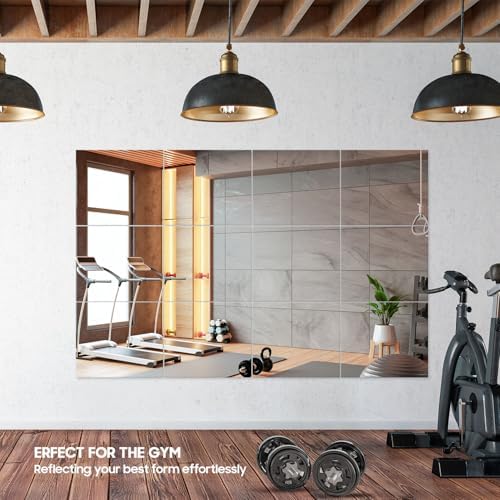 12PCS 14"x12" Home Gym Mirror, Wall Mirrors Decorative Shatterproof Self Adhesive Glass Mirror Tiles for Gym, Bedroom, Bathroom, Living Room