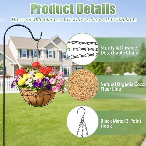 4 Pack 12 Inch Hanging Baskets for Plants Outdoor Metal Hanging Planters Round Hanging Flower Pots with Coco Coir Liner Plant Holder for Outdoor Patio Garden Balcony Decor - Geometric