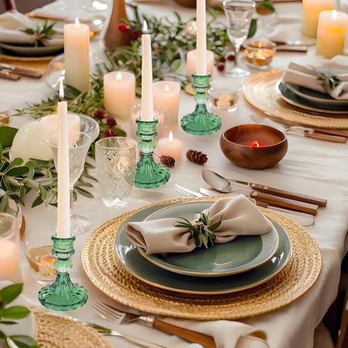 Green Glass Candlestick Holders, Taper Candle Holders, Set of 6
