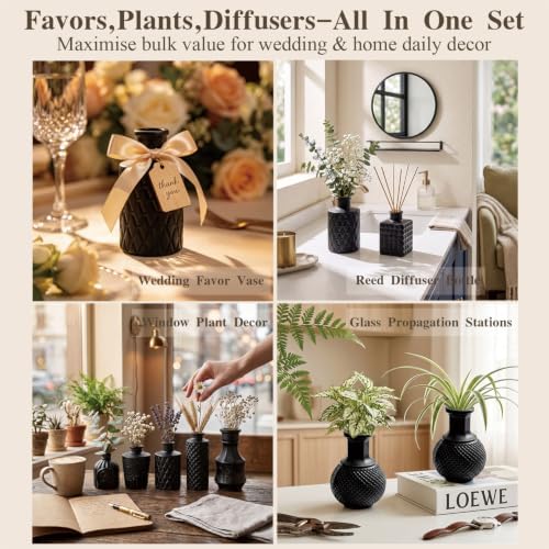 Black Glass Bud Vase Set of 24 Pcs,Small Bud Vases in Bulk,Glass Crystal Flower Vases Table Centerpieces for Party Event Wedding Decor Baby Shower Decorations (Classic Black, 24 Pcs)