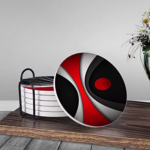 HUXJOKO Coasters for Drinks Set of 6,Modern Red Black Geometric Absorbent Ceramic Coaster,Round Stone Mat,with Cork Base and Metal Holder for Coffee Table Room Bar Home Decor Housewarming Gifts