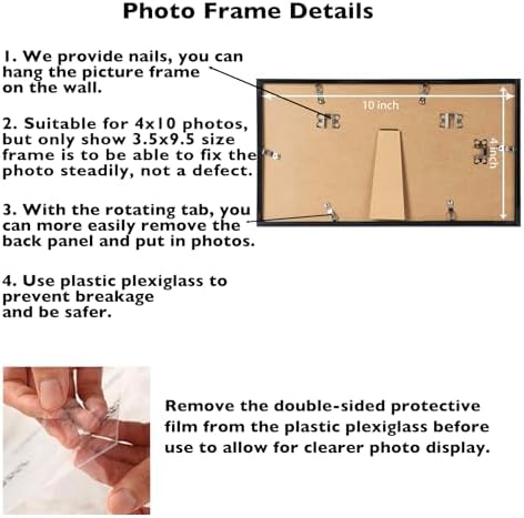 JCJMY 4x10 Picture Frame Set of 6 Black for Wall Hanging or Tabletop, Wall Mounting Horizontally or Vertically, 4 x 10 Wall Gallery Poster Photo Frame with Shatter Resistant Plexiglass, 6 Pack, Black
