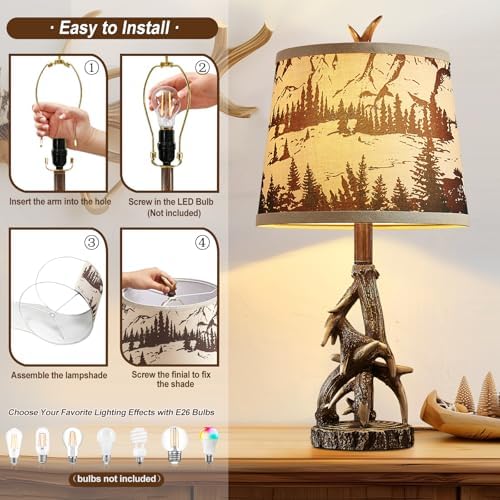23'' Rustic Deer Antler Table Lamps Set of 2 for Log Cabin Bedroom Nightstand Western Country Side Lamp for Living Room End Table Study Room Desk, Brown, Forest Print Shade