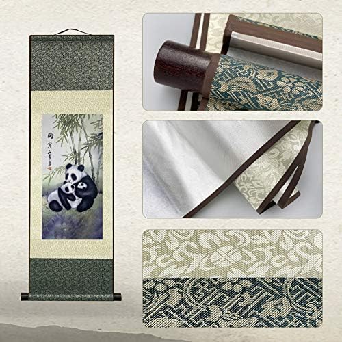 AtfArt Asian Wall Decor Beautiful Silk Scroll Painting Chinese Panda National Treasure Oriental Decor Chinese Art Wall Scroll Wall Hanging Painting Scroll (36.2 x 12 in)