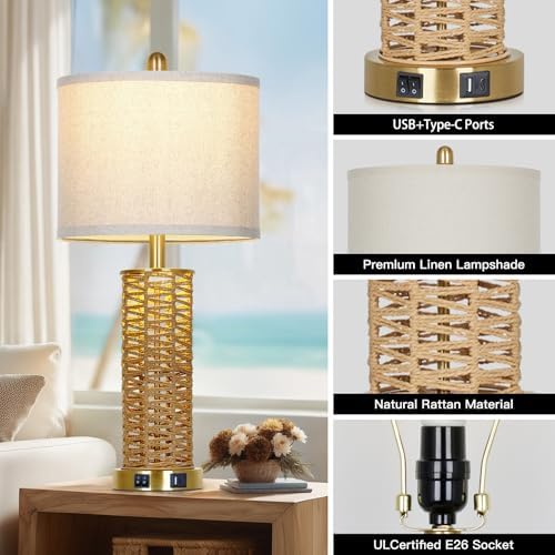 CINSARY 27" Natural Rattan Table Lamps Set of 2, Boho Bedside Lamp for Bedroom with Night Light, Woven Wicker Nightstand Lamps with 2 USB Ports & AC Outlet, Tall Farmhouse Living Room Lamp, Gold