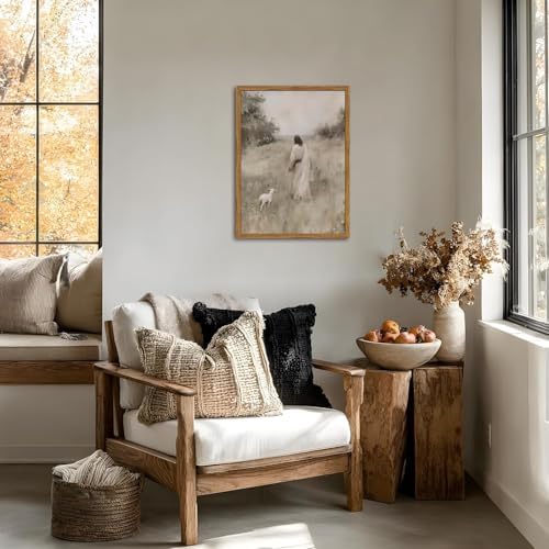 Jesus Leaves The 99 Sheep Wall Art Painting, Vintage Shepherd Christian Wall Decor Lost Lamb Religion Artwork 3D Textured Hand Drawn Sandstone for Living Prayer Room Bedroom 16x24 inch Wood Framed