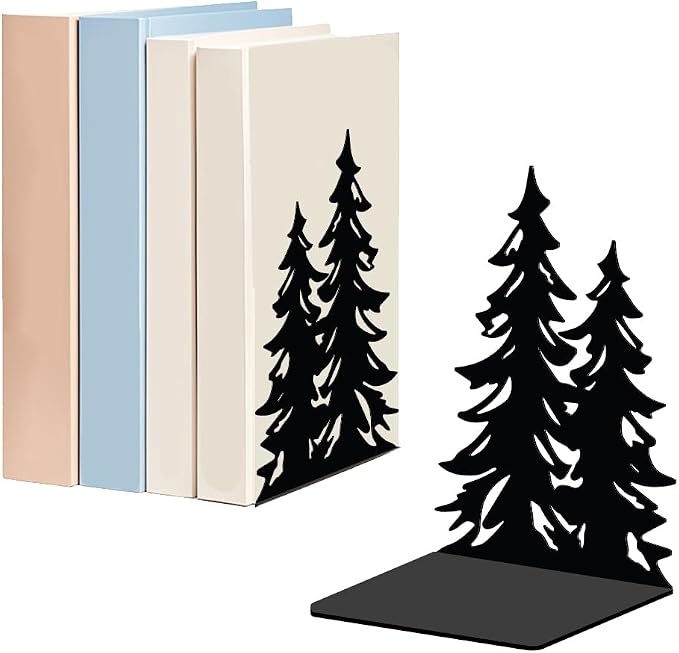 WADORN 1 Pair Pine Tree Metal Decorative Bookend for Shelves, Heavy Duty Book Ends Modern Non-Skid Books Holder Stand Black Book Support Stoppers for Desk Bookshelf Office Home, 5.3x4.3x7.9 Inches