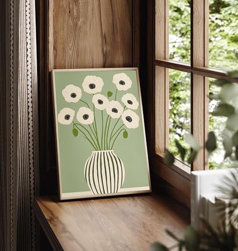 Green Poppy Floral Wall Art Abstract Botanical Wall Print Painting | Vintage Green Flower Pictures Wall Decor Boho Floral Canvas Wall Art Home Decor for Living Room Bedroom 16x24 Inch Unframed