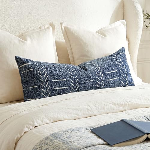 BlissBlush Decorative Long Lumbar Pillow Cover 14x36 for Bed, Navy Blue Soft Woven Chenille Accent Pillow Cover for Bedroom Couch Sofa, Textured Farmhouse Boho Cushion Cover