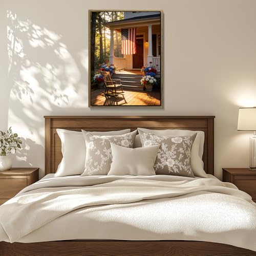 American Flag Framed Canvas Wall Art, 4th of July Patriotic Canvas Prints | Summer Cottage Landscape Poster Print, Vintage Independence Day Wall Decor for Bedroom Living Room Office 24×36in