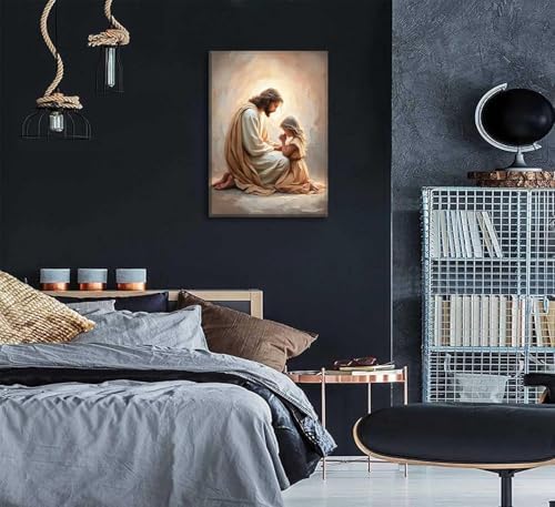 Jesus Wall Art with Girl Praying, Christian Canvas Print, Framed, 24x36 in | Faith-filled imagery brings comfort and hope to bedrooms, prayer rooms, churches, nurseries, or quiet reflection spaces.