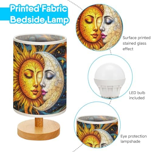 Sun and Moon Table Lamp LED 3-Color Pressed Bedside, Sun and Moon Shade Lamp with Wood Base for Bedroom Living Room Desk Office TL01