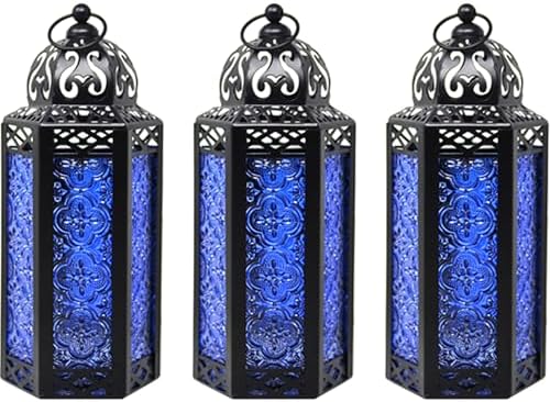 Vela Lanterns Decorative Indoor Moroccan Candle Holder, Cobalt, M, 3-Pack