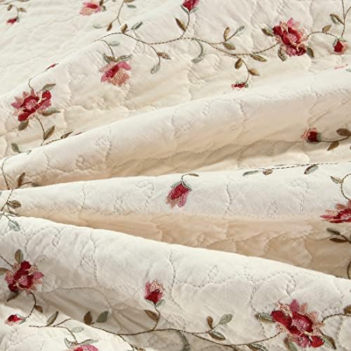 vctops 2-Piece Embroidered Cotton Quilted Pillow Shams Vintage Floral Decorative Pillow Covers Boho Pillow Cases Queen Size, Cream