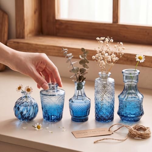 Clear Gradient Blue Glass Bud Vase Set of 14 Pcs,Small Bud Vases in Bulk,Glass Crystal Flower Vases Table Centerpieces for Party Event Wedding Decor Baby Shower Decorations (Gradient Blue, 14 Pcs)