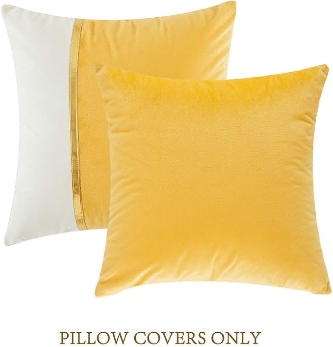 Fancy Homi 2 Packs Yellow Decorative Throw Pillow Covers 18x18 Inch for Living Room Couch Bed, Yellow and White Velvet Patchwork with Gold Leather, Luxury Modern Accent Square Cushion Case 45x45 cm