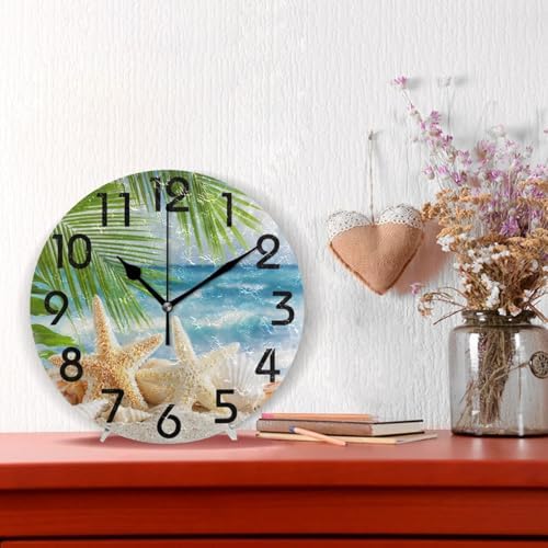 Naanle 3D Beautiful Tropical Summer Beach Starfish Shell on Sand Print Round Wall Clock Decorative, 9.5 Inch Battery Operated Quartz Analog Quiet Desk Clock for Home,Office,School