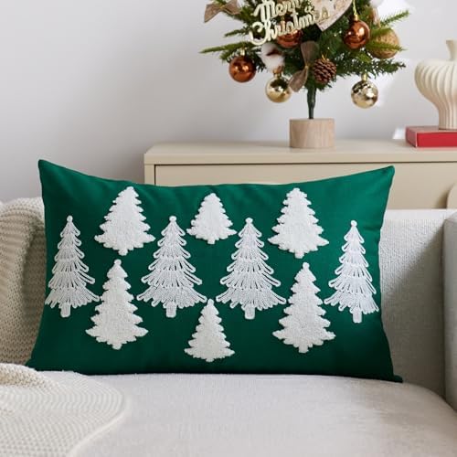 Green Christmas Pillow Covers 12x20 Inch Embroidery White Xmas Trees Decorative Lumbar Throw Pillow Cover Winter Holiday Pillow Case Cushion Cases for Sofa Couch Living Room Decorations