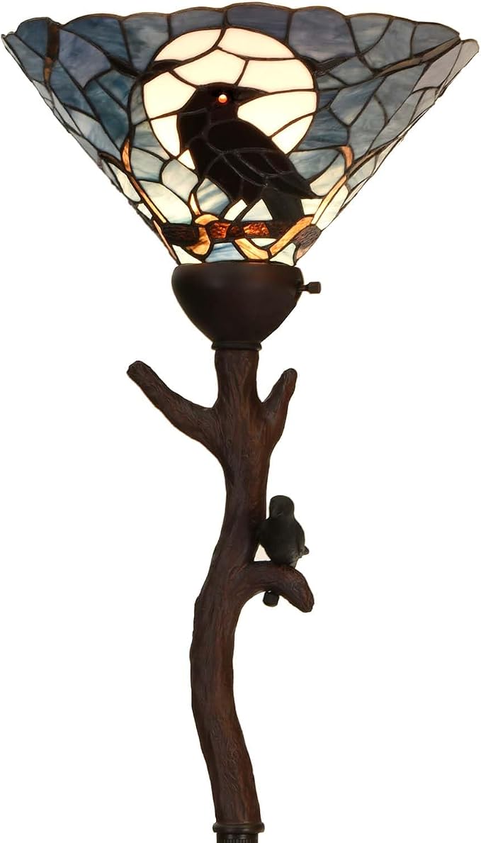 Bieye L10959 Raven Sitting on Bare Tree Branch in Full Moon Night Tiffany Style Stained Glass Torchiere Floor Lamp for Halloween Decor (Dark Blue)