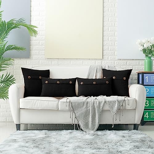 HWY 50 Black Chenille Throw Pillow Covers 16x16 Inch Buttons Pack of 2