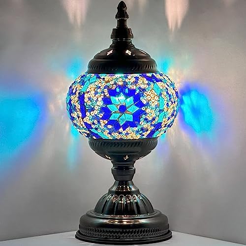 SILVERFEVER Handcrafted Mosaic Turkish Lamp Moroccan Glass Table Desk Bedside Light Bronze Base with E12 Bulb (Blue Snowflake)