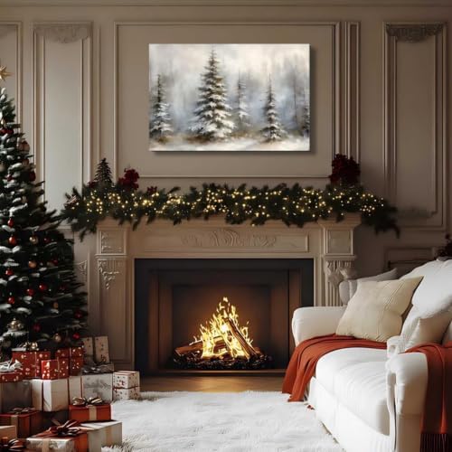 Framed Canvas Wall Art 20x30in, Vintage Snowy Christmas Tree Decor, Pine Tree Pictures for Living Room Decor, Winter Forest Paintings for Bedroom Bathroom, Holiday Decorations Gifts