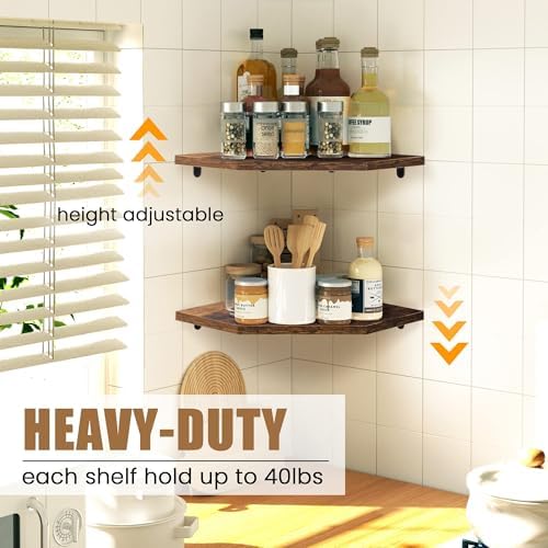 Fun Memories Corner Shelf Wall Mount, Floating Corner Shelves, Set of 2 Corner Wall Shelf Organizer, Rustic Wood Wall Storage Display Shelves for Living Room Bedroom Bathroom Kitchen, Rustic Brown
