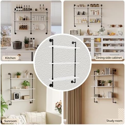 3-Tier Industrial Pipe Floating Shelf – Rustic 30 inch Wood Wall-Mounted Storage Shelf for Kitchen Office,Bathroom & Home Decor -White