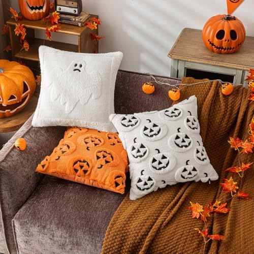White Halloween Pumpkin Fall Throw Pillow Covers 18"x18" Set of 2 Soft Faux Fur Ghost Pillow Covers for Couch Sofa Bed, Cute Autumn Farmhouse Cushion Case for Holiday Home Living Room Decor