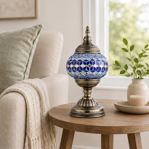 GOGERS Turkish Moroccan Table Lamp Lantern with Handmade Mosaic Glass Lampshade Tiffany Style Bohemian Stained Glass Decorative Desk Lamps Bedside Night Lights for Bedroom (Multiple Blues)
